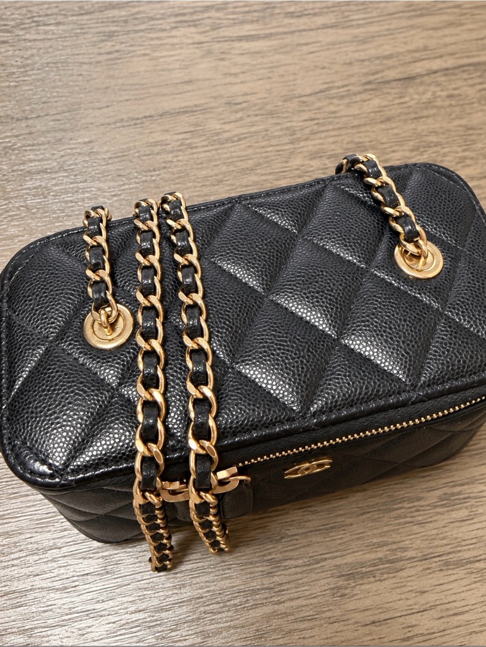 CHANEL Black Quilted Crossbody with Gold Chain
